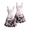 Robe gothique à motif floral et tête de mort, buste froncé, ceinture, décolleté en cœur, mini robe de vacances trapèze - Rose clair XXXXXL | US 20