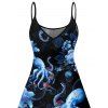 Robe de vacances à motif de fleurs de poulpe et de vie marine, bretelles spaghetti, col en V, coupe trapèze, mini-robe de plage - Noir XXXXXL | US 20
