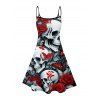 Robe gothique à motif tête de mort, rose et papillon, bretelles spaghetti, col en V, coupe trapèze, mini-robe de vacances - Noir L | US 8-10