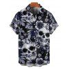 Chemise gothique à manches courtes et boutons pour homme, motif tête de mort, rose et feuilles, style vacances - Noir 5XL