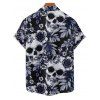 Chemise gothique à manches courtes et boutons pour homme, motif tête de mort, rose et feuilles, style vacances - Noir 5XL
