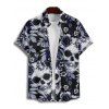 Chemise gothique à manches courtes et boutons pour homme, motif tête de mort, rose et feuilles, style vacances - Noir 5XL