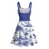 Robe de vacances à motif de voilier en cocotier, buste froncé, ceinture, col en cœur, robe trapèze mini décontractée - Bleu profond L | US 8-10