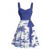 Robe de vacances à motif de voilier en cocotier, buste froncé, ceinture, col en cœur, robe trapèze mini décontractée - Bleu profond L | US 8-10