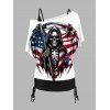 Independence Day Couple Outfit Skull Star Striped Pattern Skew Neck Tee and Solid Color Cinched Tank Top and Button Up Shirt Patriotic Matching Outfit - Blanc S | US 4