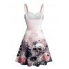Gothic Couple Outfit Floral Skulls Pattern Ruched Bust Belt Sweetheart Neck Dress and Button Up Shirt Vacation Matching Outfit - Rose clair S | US 4