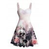 Gothic Couple Outfit Floral Skulls Pattern Ruched Bust Belt Sweetheart Neck Dress and Button Up Shirt Vacation Matching Outfit - Rose clair S | US 4