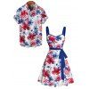 Independence Day Couple Outfit American Flag Flower Star Pattern Ruched Bust Belt Dress and Button Up Shirt Patriotic Matching Outfit - Blanc S | US 4