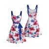Independence Day Couple Outfit American Flag Flower Star Pattern Ruched Bust Belt Dress and Button Up Shirt Patriotic Matching Outfit - Blanc S | US 4