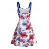 Independence Day Couple Outfit American Flag Flower Star Pattern Ruched Bust Belt Dress and Button Up Shirt Patriotic Matching Outfit - Blanc S | US 4