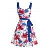 Independence Day Couple Outfit American Flag Flower Star Pattern Ruched Bust Belt Dress and Button Up Shirt Patriotic Matching Outfit - Blanc S | US 4