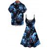 Vacation Couple Outfit Octopus Flower Marine Life Pattern Spaghetti Strap V Neck A Line Mini Tank Dress and Button Up Shirt Beach Matching Outfit - Noir S | US 4