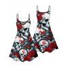 Gothic Couple Outfit Allover Skull Rose Butterfly Pattern Spaghetti Strap V Neck A Line Mini Tank Dress and Button Up Shirt Vacation Matching Outfit - Noir S | US 4