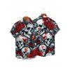 Gothic Couple Outfit Allover Skull Rose Butterfly Pattern Spaghetti Strap V Neck A Line Mini Tank Dress and Button Up Shirt Vacation Matching Outfit - Noir S | US 4