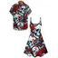 Gothic Couple Outfit Allover Skull Rose Butterfly Pattern Spaghetti Strap V Neck A Line Mini Tank Dress and Button Up Shirt Vacation Matching Outfit - Noir S | US 4