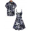 Gothic Couple Outfit Allover Skull Rose Leaf Pattern Spaghetti Strap Tank Dress and Button Up Shirt Vacation Matching Outfit - Noir S | US 4