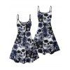 Gothic Couple Outfit Allover Skull Rose Leaf Pattern Spaghetti Strap Tank Dress and Button Up Shirt Vacation Matching Outfit - Noir S | US 4