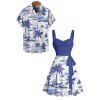 Vacation Couple Outfit Coconut Tree Sailboat Pattern Ruched Bust Belt Dress and Button Up Shirt Casual Matching Outfit - Bleu profond S | US 4