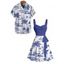 Vacation Couple Outfit Coconut Tree Sailboat Pattern Ruched Bust Belt Dress and Button Up Shirt Casual Matching Outfit - Bleu profond S | US 4
