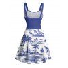 Vacation Couple Outfit Coconut Tree Sailboat Pattern Ruched Bust Belt Dress and Button Up Shirt Casual Matching Outfit - Bleu profond S | US 4