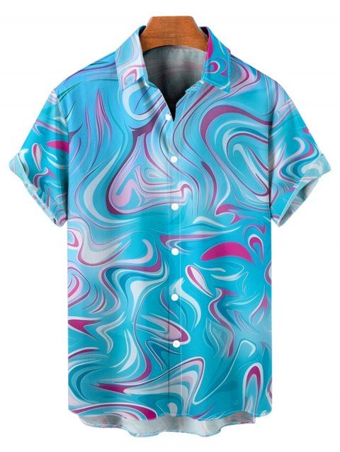 Chemise de vacances à imprimé vagues abstraites pour homme, boutonnée, retroussée, manches courtes, décontractée