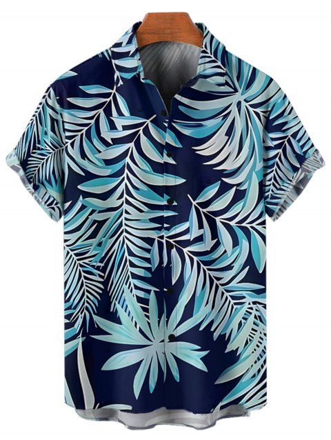 Chemise de vacances à imprimé feuilles tropicales pour homme, boutonnée, retroussée, manches courtes, pour la plage