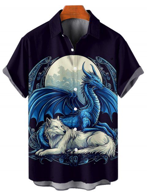 Chemise de vacances à manches courtes et boutons pour homme, motif dragon, animal et lune, décontractée