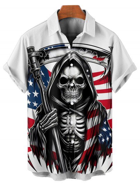 Chemise homme à rayures et motif tête de mort et étoiles, motif drapeau américain, boutonnée, retroussée, manches courtes, style patriotique