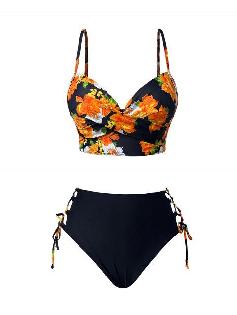 Floral Print Twisted Spaghetti Strap Lace Up Hollow Out Briefs Beach Tankini Swimsuit Underwire Push Up Vacation Swimwear