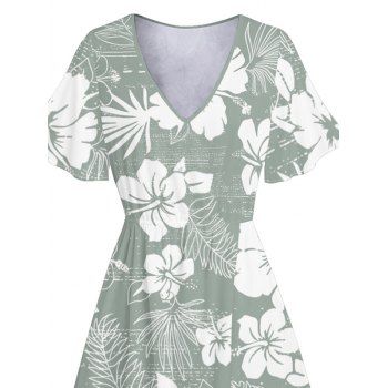 Hawaii Floral Print V Neck Split Hem Flutter Sleeve Midi Vacation Dress