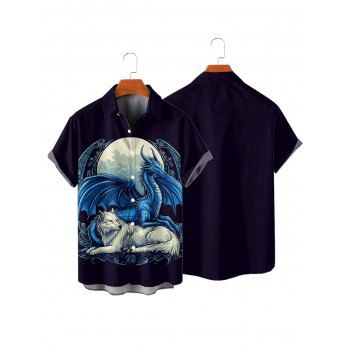 Men's Dragon Animal Moon Pattern Vacation Shirt Button Up Roll Up Short Sleeve Casual Shirt