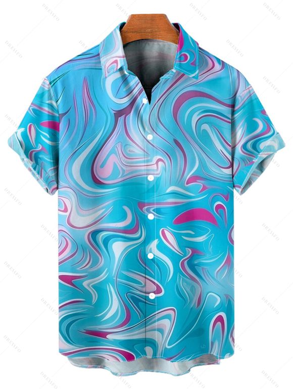 Chemise de vacances à imprimé vagues abstraites pour homme, boutonnée, retroussée, manches courtes, décontractée - Bleu clair 5XL