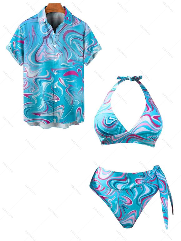 Vacation Couple Outfit Abstract Wave Printed Halter Side Swim Top Bowknot Briefs Swimsuit and Button Up Shirt Beach Matching Outfit - Bleu clair S | US 4