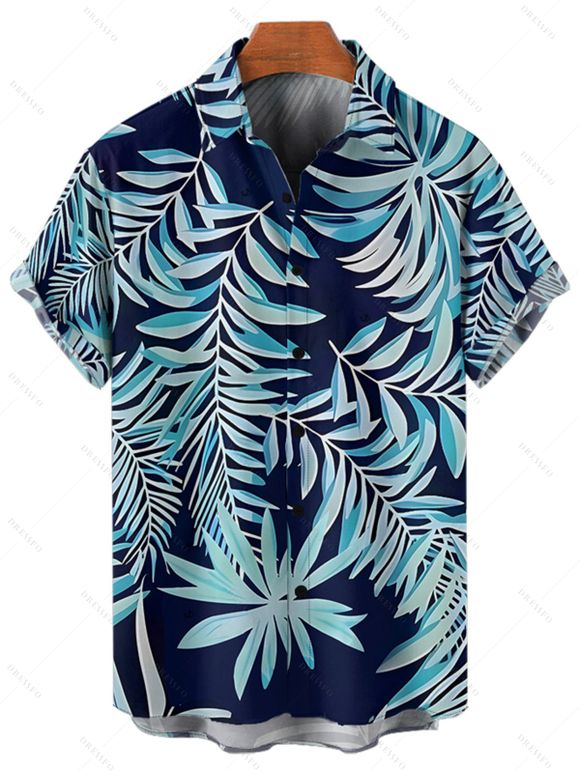 Chemise de vacances à imprimé feuilles tropicales pour homme, boutonnée, retroussée, manches courtes, pour la plage - Bleu de Minuit 5XL