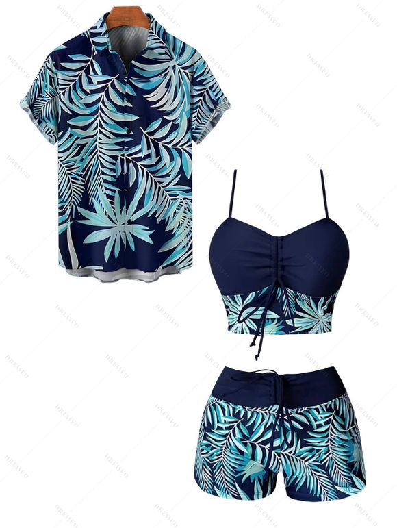 Beach Couple Outfit Tropical Leaf Print Cinched Ruched Bust Swim Top Bowknot Boyshorts Swimsuit and Button Up Shirt Vacation Matching Outfit - Bleu de Minuit S | US 4