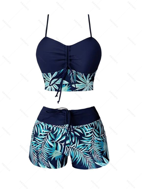 Beach Couple Outfit Tropical Leaf Print Cinched Ruched Bust Swim Top Bowknot Boyshorts Swimsuit and Button Up Shirt Vacation Matching Outfit - MIDNIGHT BLUE S | US 4