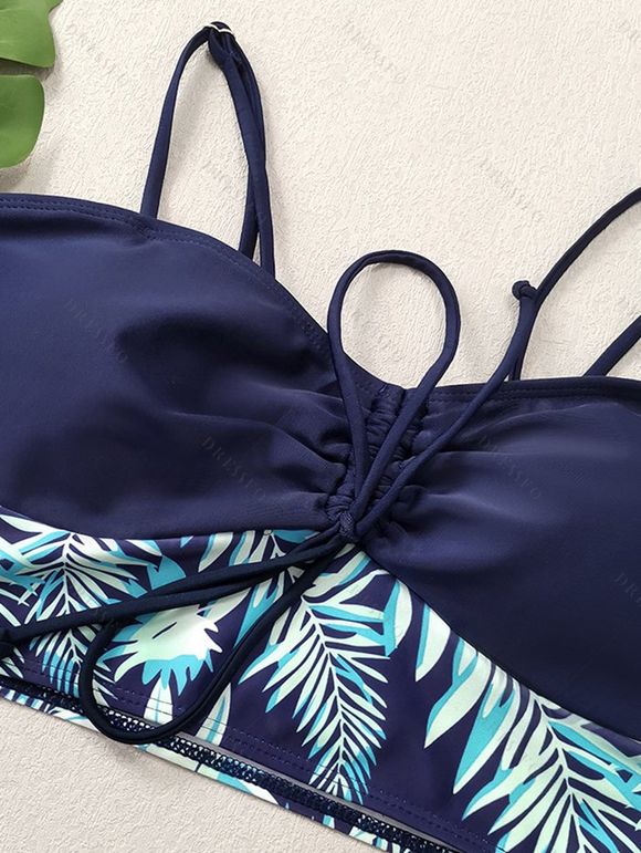 Beach Couple Outfit Tropical Leaf Print Cinched Ruched Bust Swim Top Bowknot Boyshorts Swimsuit and Button Up Shirt Vacation Matching Outfit - MIDNIGHT BLUE S | US 4