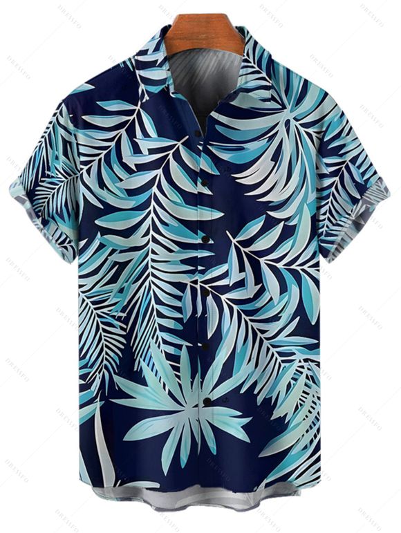 Beach Couple Outfit Tropical Leaf Print Cinched Ruched Bust Swim Top Bowknot Boyshorts Swimsuit and Button Up Shirt Vacation Matching Outfit - MIDNIGHT BLUE S | US 4