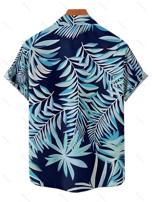 Beach Couple Outfit Tropical Leaf Print Cinched Ruched Bust Swim Top Bowknot Boyshorts Swimsuit and Button Up Shirt Vacation Matching Outfit - MIDNIGHT BLUE S | US 4