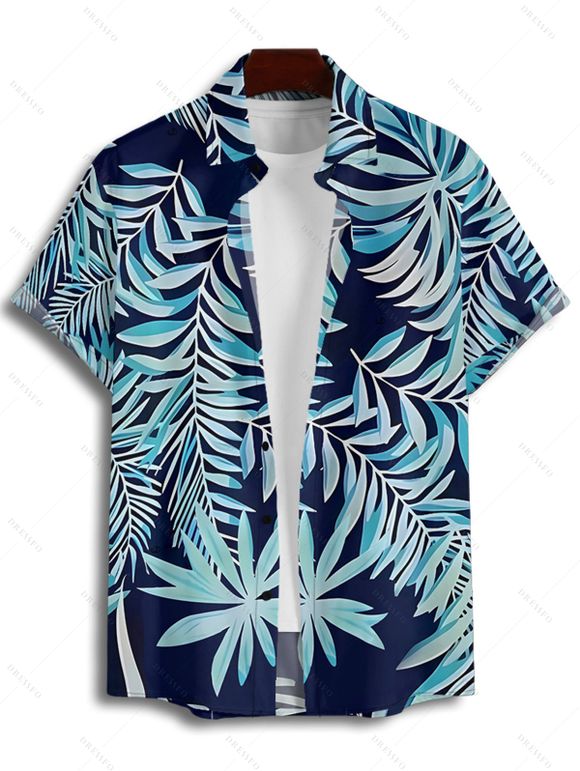 Beach Couple Outfit Tropical Leaf Print Cinched Ruched Bust Swim Top Bowknot Boyshorts Swimsuit and Button Up Shirt Vacation Matching Outfit - MIDNIGHT BLUE S | US 4
