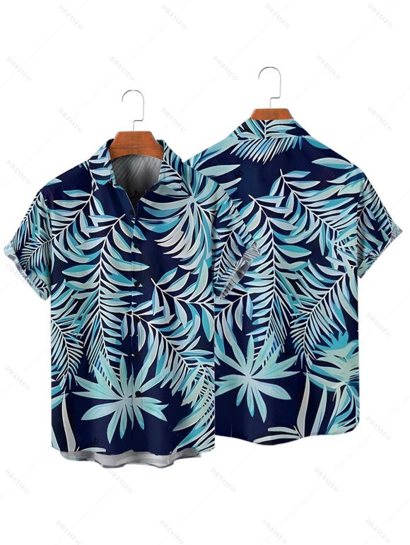 Beach Couple Outfit Tropical Leaf Print Cinched Ruched Bust Swim Top Bowknot Boyshorts Swimsuit and Button Up Shirt Vacation Matching Outfit - MIDNIGHT BLUE S | US 4