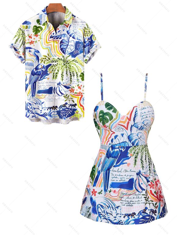 Vacation Couple Outfit Leaf Flower Banana Letter Printed Spaghettis Strap Swim Top and Briefs Swimsuit and Button Up Shirt Beach Matching Outfit - Blanc S | US 4