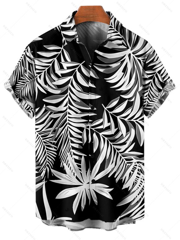 Chemise de vacances à imprimé feuilles tropicales pour homme, boutonnée, retroussée, manches courtes, pour la plage - Noir 5XL