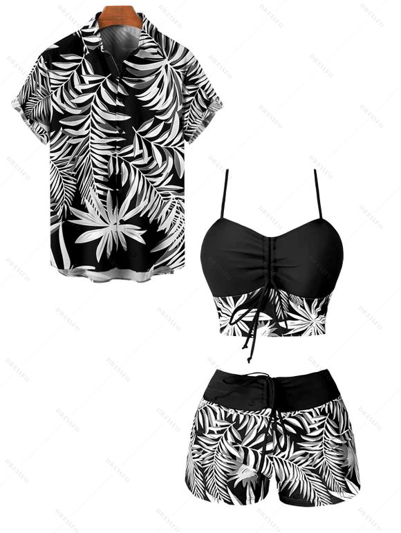 Beach Couple Outfit Tropical Leaf Print Cinched Ruched Bust Swim Top Bowknot Boyshorts Swimsuit and Button Up Shirt Vacation Matching Outfit - Noir S | US 4