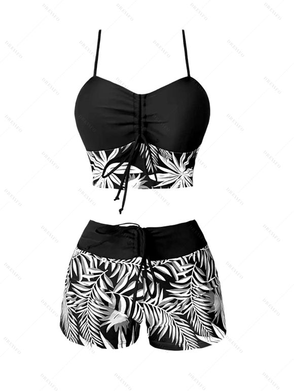 Beach Couple Outfit Tropical Leaf Print Cinched Ruched Bust Swim Top Bowknot Boyshorts Swimsuit and Button Up Shirt Vacation Matching Outfit - Noir S | US 4