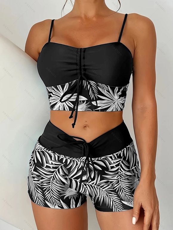 Beach Couple Outfit Tropical Leaf Print Cinched Ruched Bust Swim Top Bowknot Boyshorts Swimsuit and Button Up Shirt Vacation Matching Outfit - Noir S | US 4