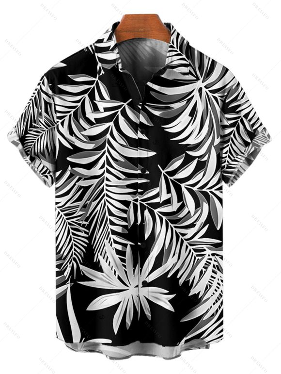 Beach Couple Outfit Tropical Leaf Print Cinched Ruched Bust Swim Top Bowknot Boyshorts Swimsuit and Button Up Shirt Vacation Matching Outfit - Noir S | US 4