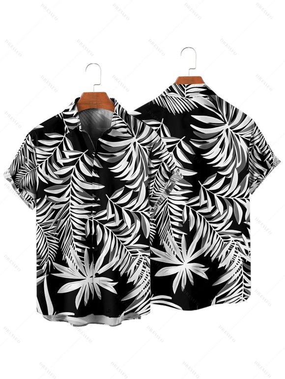 Beach Couple Outfit Tropical Leaf Print Cinched Ruched Bust Swim Top Bowknot Boyshorts Swimsuit and Button Up Shirt Vacation Matching Outfit - Noir S | US 4