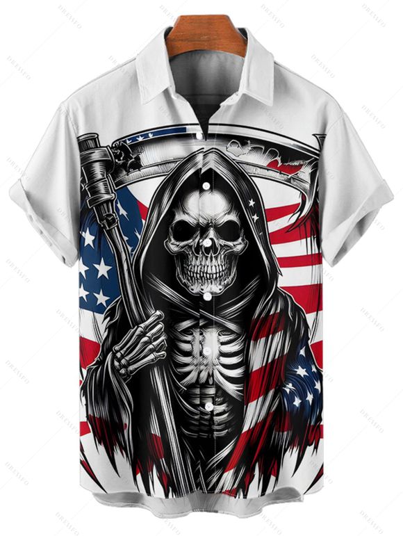 Chemise homme à rayures et motif tête de mort et étoiles, motif drapeau américain, boutonnée, retroussée, manches courtes, style patriotique - Blanc 5XL