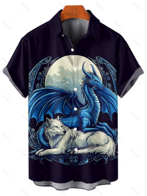 Chemise de vacances à manches courtes et boutons pour homme, motif dragon, animal et lune, décontractée - Bleu de Minuit 5XL